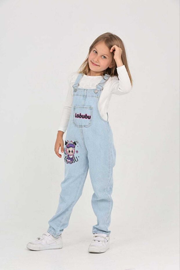 Girl's Slopet Children's Denim Overalls Labubu Patterned Light Blue