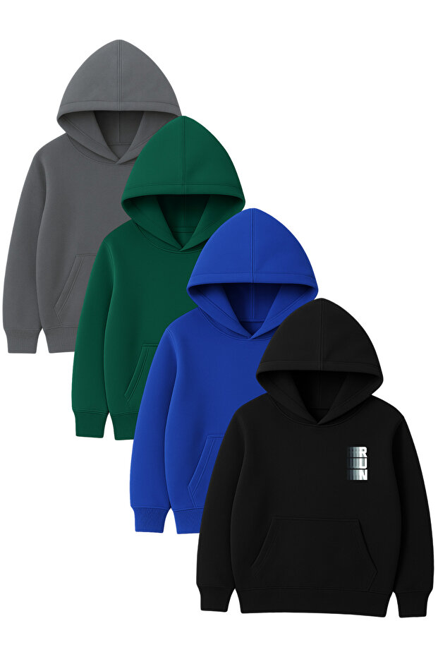4-Piece Unisex Hooded Hoodie Set – Run Printed Kangaroo Pocket Sweatshirt