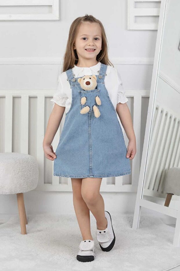 Girl's Denim Gilet Blue with Teddy Bear