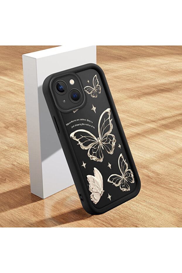 iPhone 15 Plus Compatible Quality Black Silicone Butterfly Pattern Shockproof Case - 4