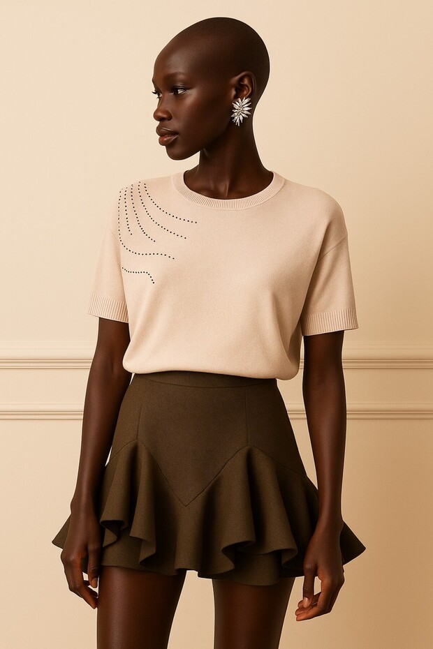 V Yaka Kırcıllı Triko Bluz - 1