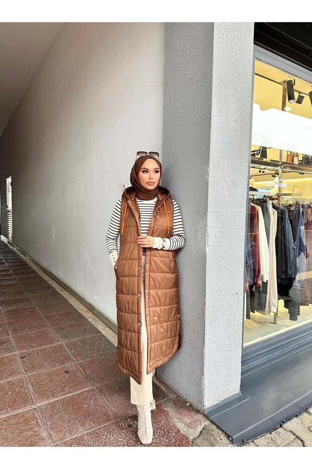 Kadın Taba Kapüşonlu Kapitone Yelek - 3