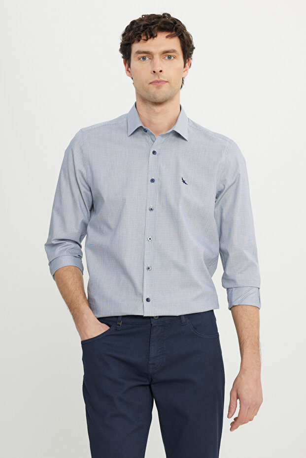 Men's Navy Blue 100% Cotton Flannel Slim Fit Slim Fit Classic Lapel Dobby Shirt