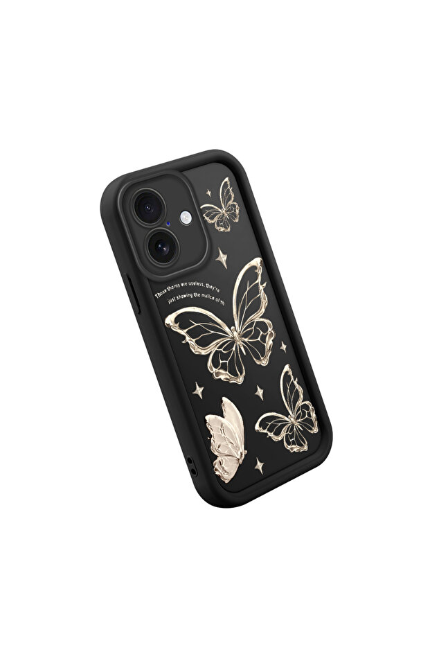 جراب متين مقاوم للصدمات بنمط الفراشة من السيليكون الأسود عالي الجودة متوافق مع آيفون 16 - 2