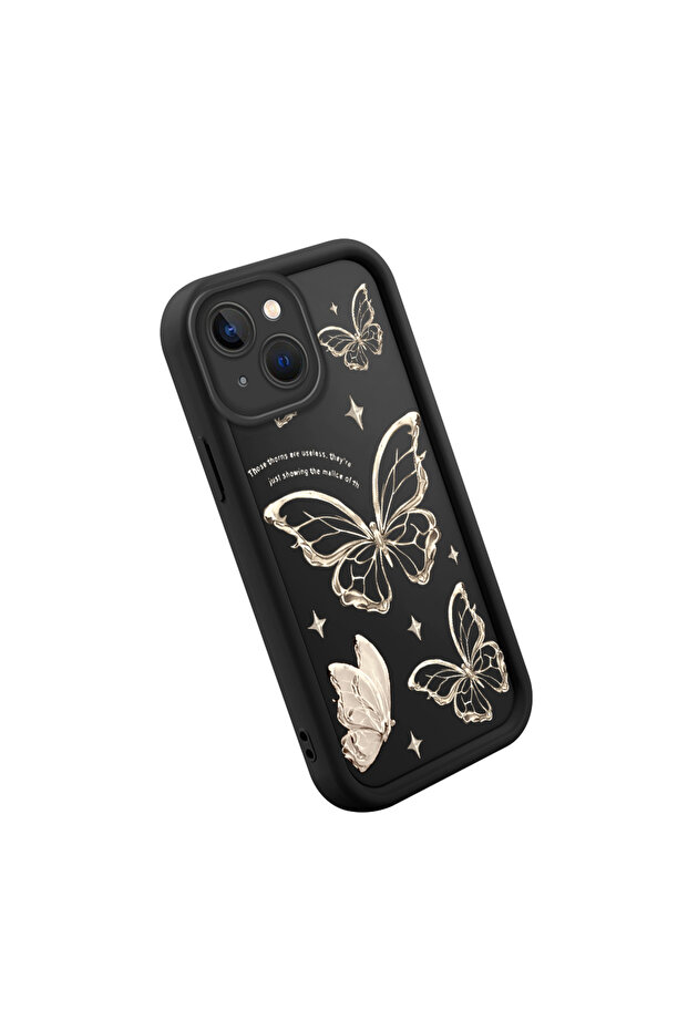 iPhone 15 Plus Compatible Quality Black Silicone Butterfly Pattern Shockproof Case - 3
