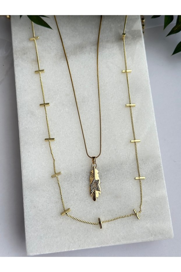 Steel Double Necklace (Feather Necklace with Zircon Star Detail and Crispy Necklace)