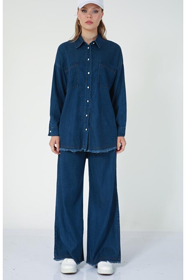 5841 - Stylish Comfortable Thin Denim Fabric Women's Soft Pants Shirt Set
