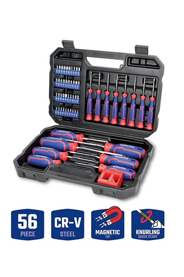 WorkPro WP200518 56-piece Screwdriver Set (Slotted/Squared/Large and Small) + Assorted Screwdriver Bits - 1