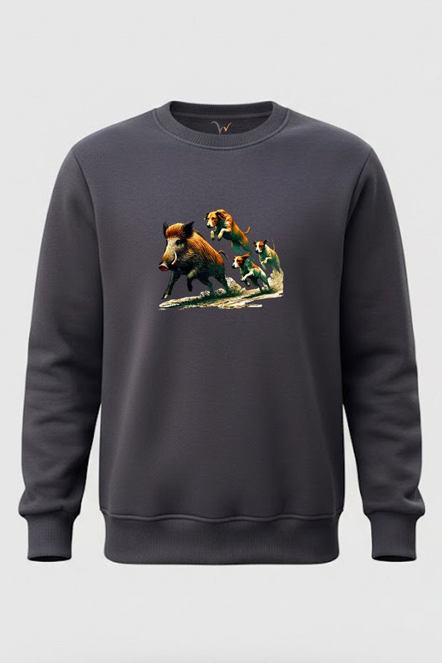 Hunting Hunter Boar and Hunting Dogs Printed 100% Cotton Regular Fit Crew Neck 3 Thread Sweatshirt