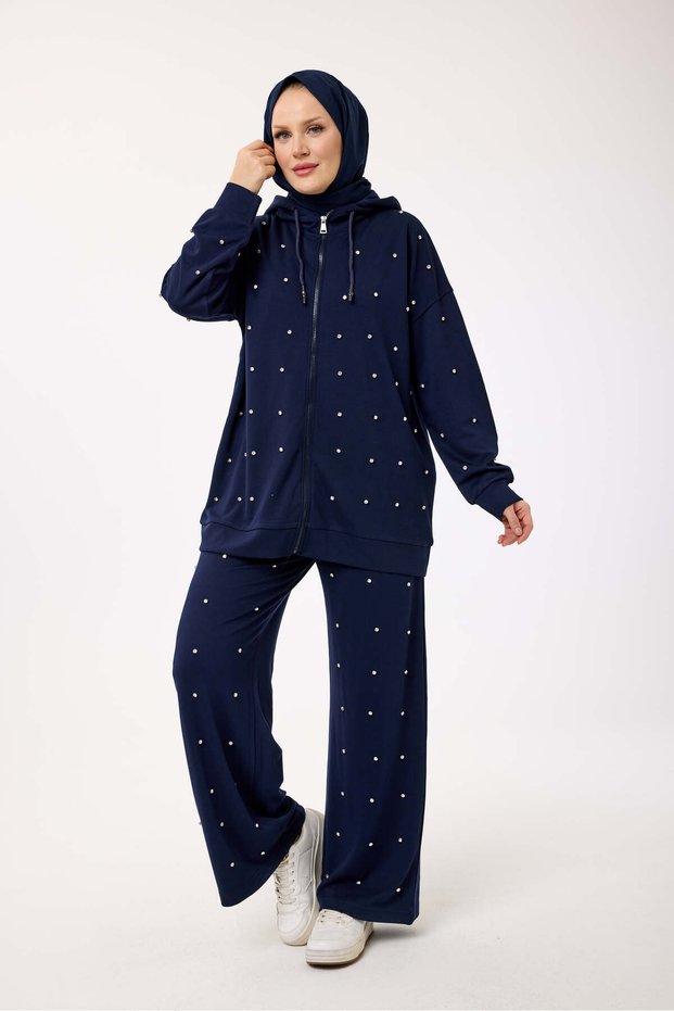5979 - Stylish Comfortable Women's Steel Interlock Stone Detailed Suit