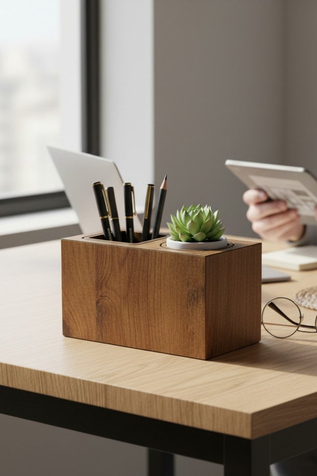 Wooden Desktop Organizer Double Slot Pen Holder