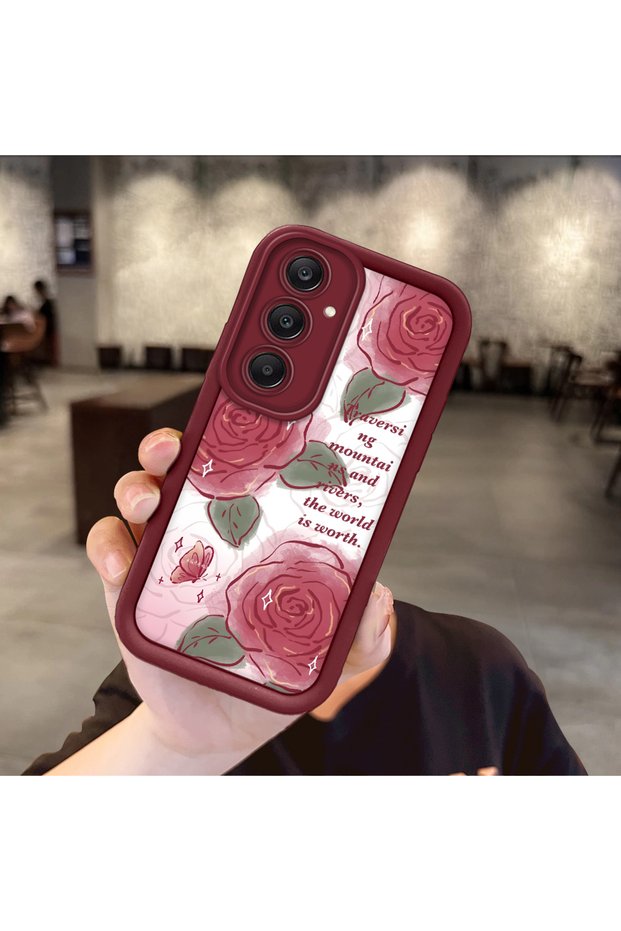 Beautiful Rose Patterned Burgundy Silicone Shock Protection Case Compatible with Samsung Galaxy A25