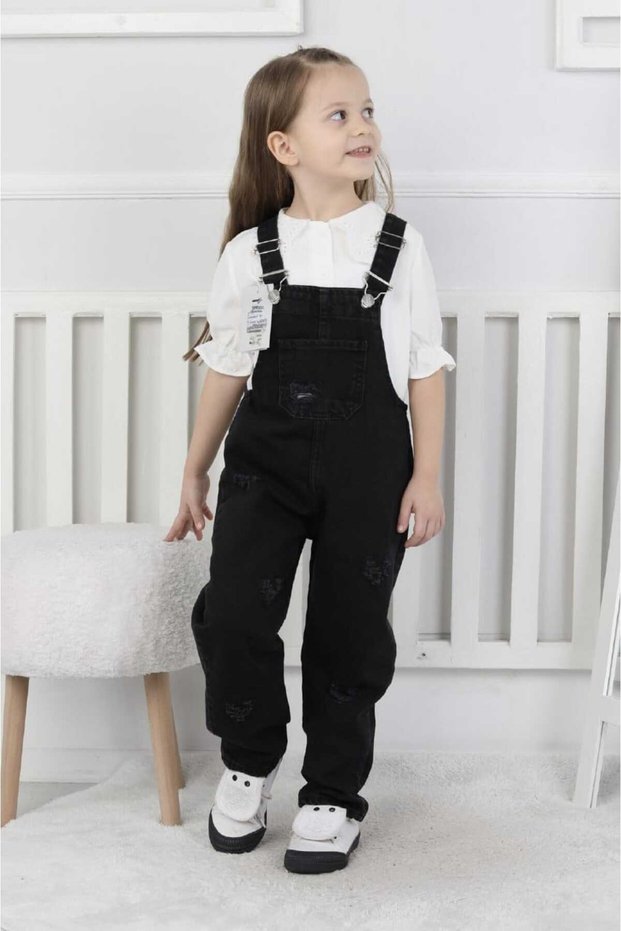Girl's Cotton Denim Slopet Strap Denim Overalls Black