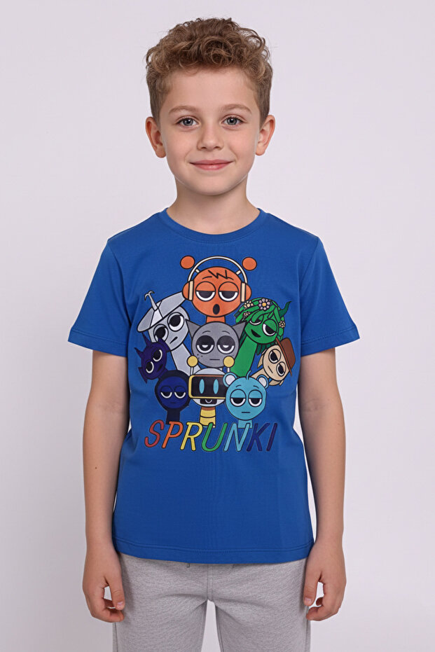 Boy's Crew Neck Relax Fit Cotton Sprunki Game Characters Printed Blue T-Shirt