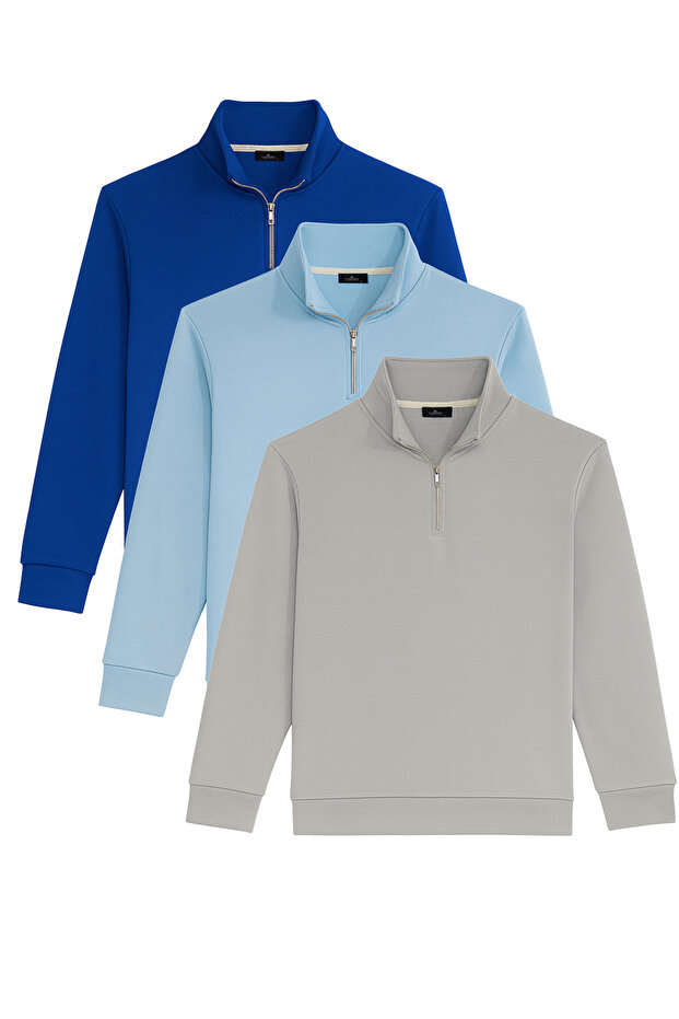 Unisex 3-Pack Stone-Blue- Cobalt Blue Relax Fit Cotton Half Zip Mock Neck Sweatshirt