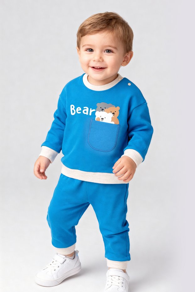 Combed Cotton Bear Printed Pocket Embroidered Detail Seasonal Pajama Set