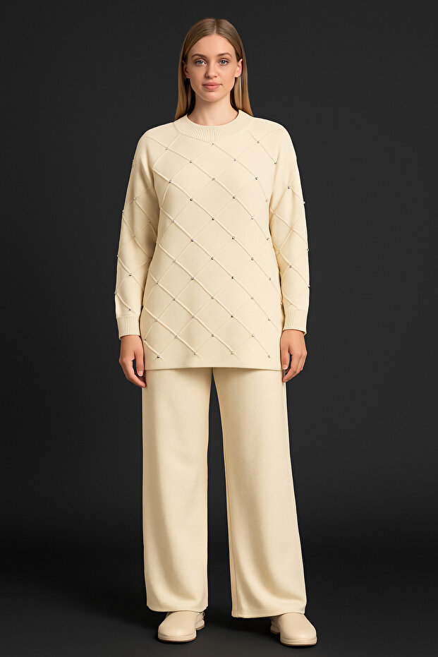 Plus Size Ecru Knitwear Double Set with Stone Pattern on the Front and Diamond Pattern on the Back - 2
