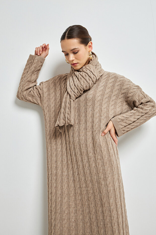 ATKI DETAYLI ÖRME TRİKO ELBİSE KREM - 5