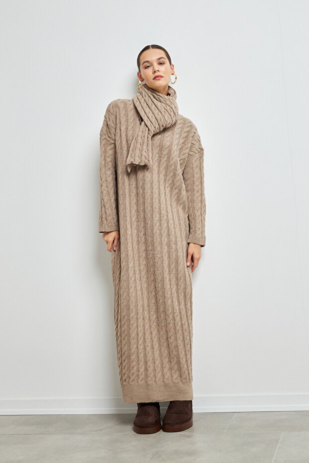 ATKI DETAYLI ÖRME TRİKO ELBİSE KREM - 1