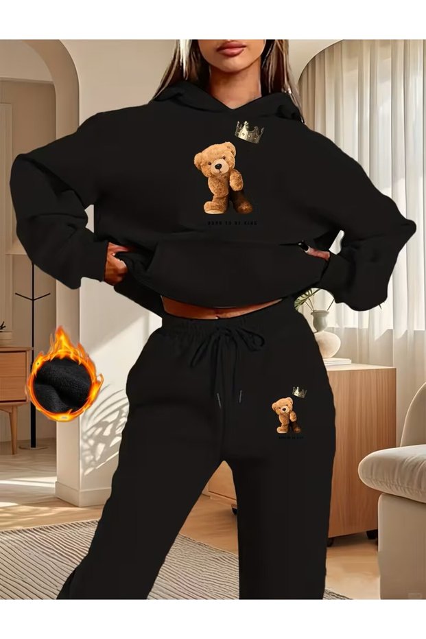 Unisex Top-Bottom Set with Printed Pattern of the Model of the Set of Hooded Sportswear with a Crown Bear