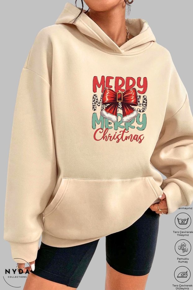 Unisex Hoodie Long Sleeve Bow Merry Christmas Printed Hooded Fleece-Lined Oversized Cotton Sweatshirt