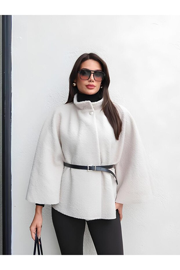 Women's Off-White Boucle Poncho with Belt Detail