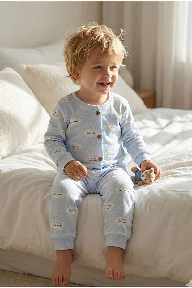 Baby Set Cotton Cloud Pattern Buttoned Top and Bottom - 2