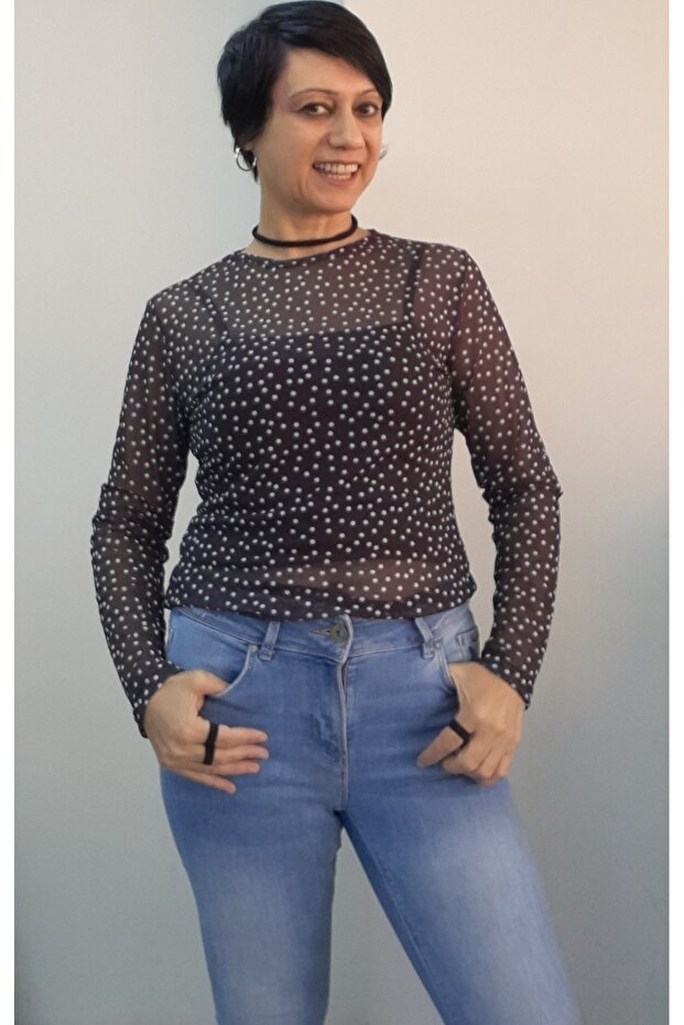 Black Polka Dot Long-Sleeved Tulle T-Shirt
