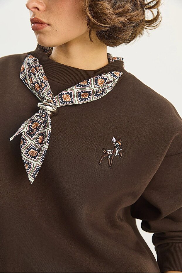 Women's Brown Scarf Ceylan Embroidery Sweatshirt