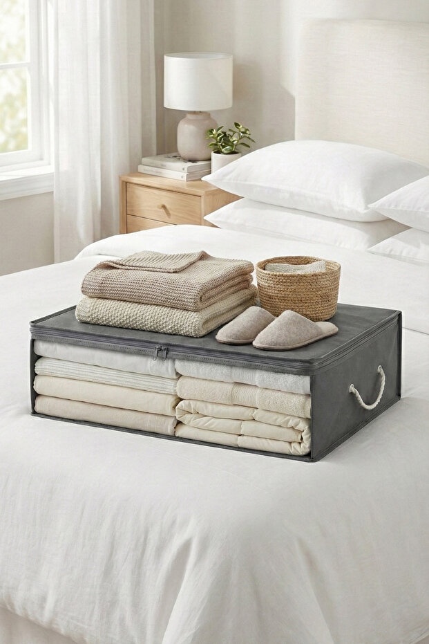 Gray Underbed Pillow Quilt Sweater Storage Box with Window / 60X45X15