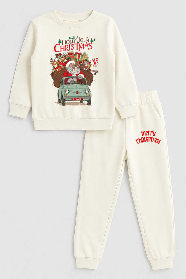 2026 New Year Santa Claus Christmas Printed Crew Neck Ecru Children's Tracksuit Bottom Top Set