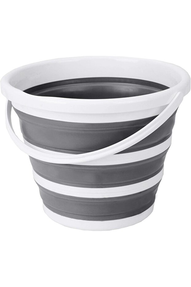 Indoor and Outdoor Collapsible Bucket with Handle, 10 Liters, 2.6 Gallons, Gray and White