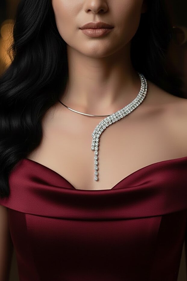 Silver Color Stone Evening Dress Necklace