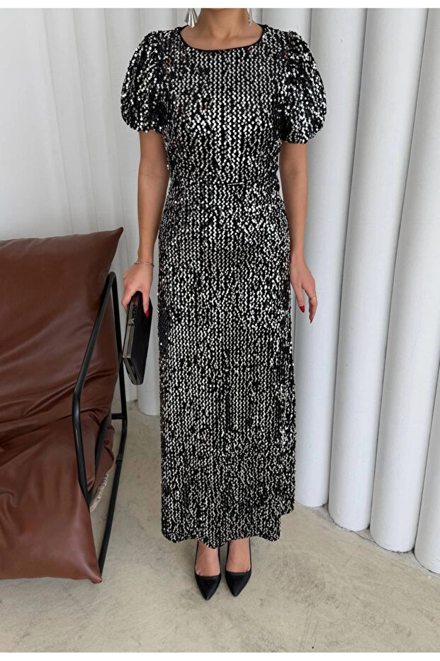 Payetli Maxi Elbise Gümüş - 4