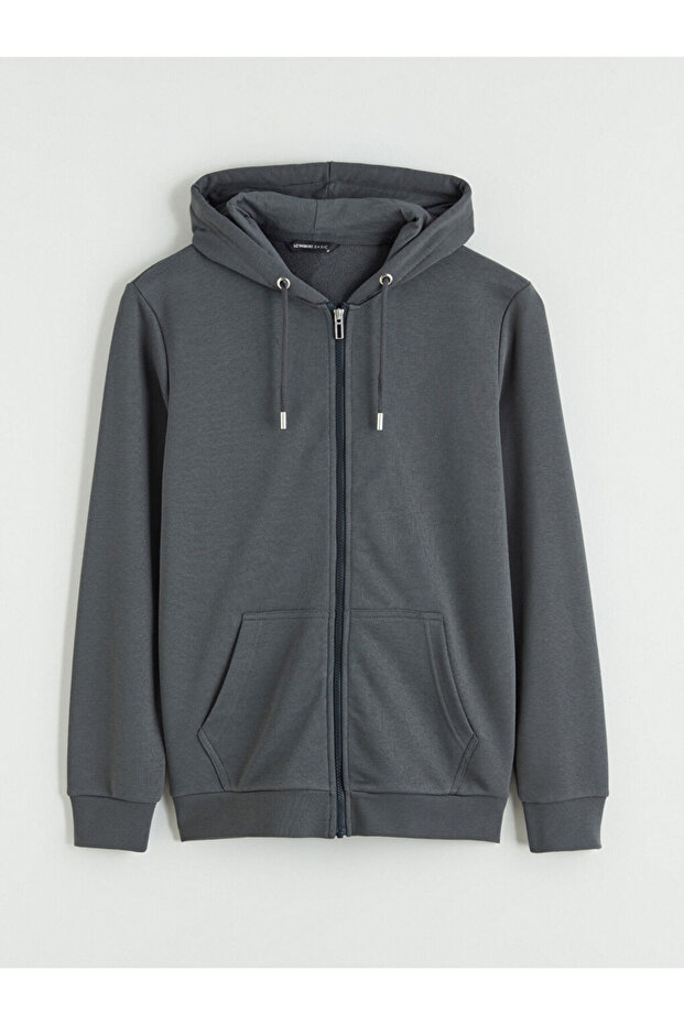 Anthracite Standard Mold Hooded Men's Zippered Sweatshirt from Patenth