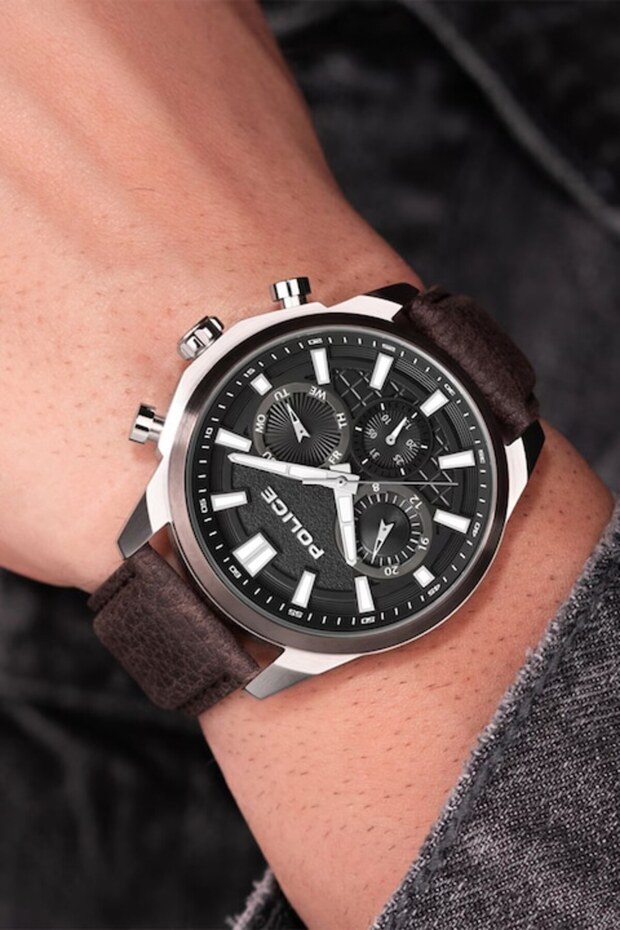 analog watch with leather strap, Silver, Dark brown - 2