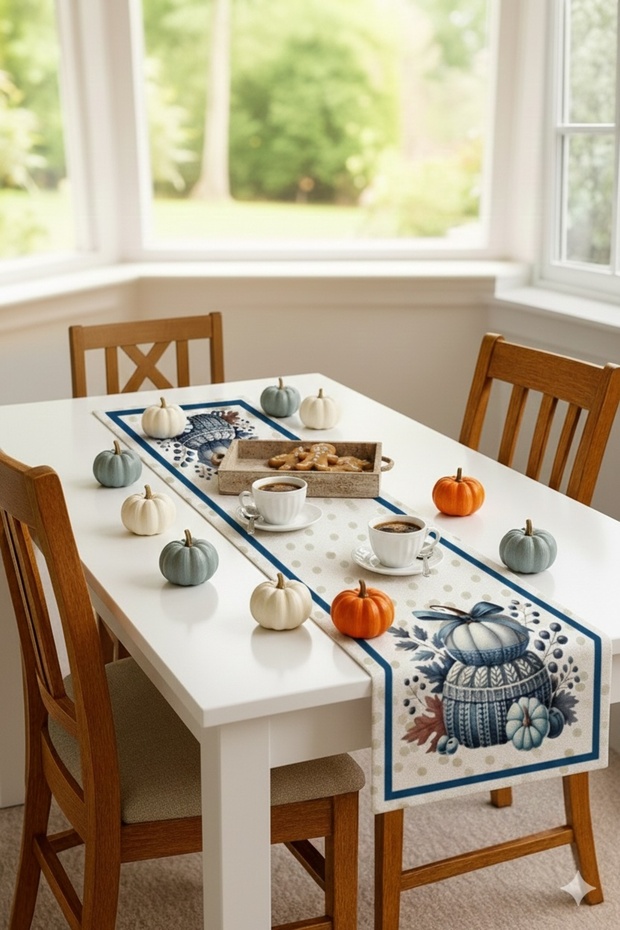 مفرش طاولة مزخرف بنمط اليقطين الأزرق الرقمي مطبوع - 1