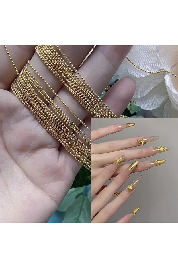 1M Gold Micro Bead Chain Nail Art Decoration, Silver Gold 50cm Ball Chain for Stylish Manicures, Odo
