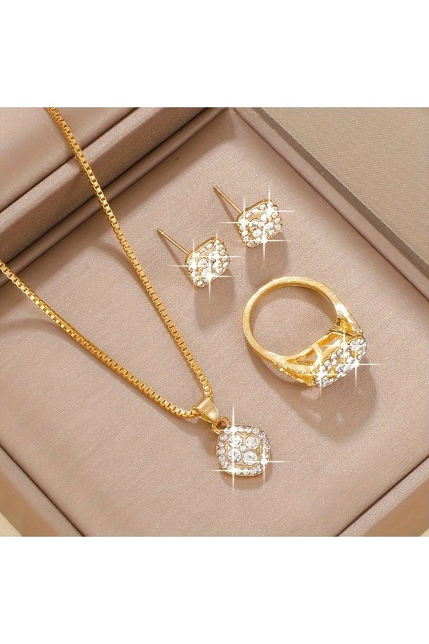 YF0211-1 Luxury Cube Jewelry Set Women's Elegant Necklace Earrings & Ring Set Perfect Gift for Valen