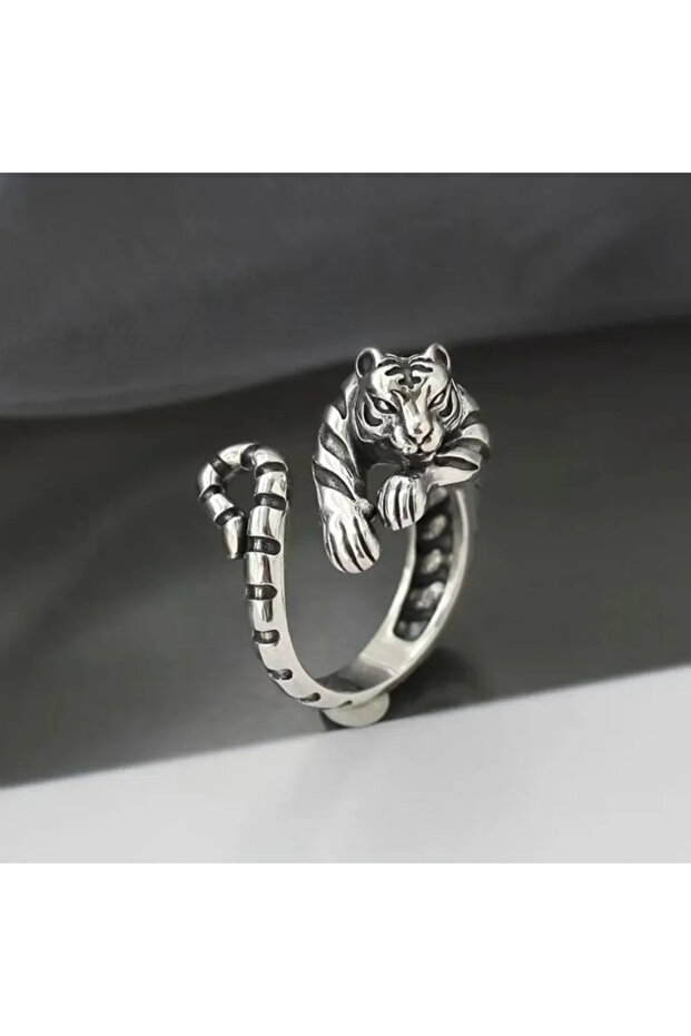 Silver Bully Retro Animal Creative Ferocious Tiger Adjustable Open Ring Men and Women Punk Ring Nich