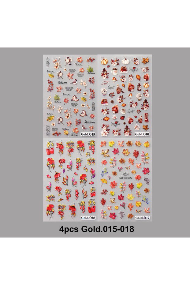 4pcs Gold.015-018 2/4pcs 5D Laser Autumn Bird Decals Fall Embossed Maple Leaves Squirrel Nail Sticke