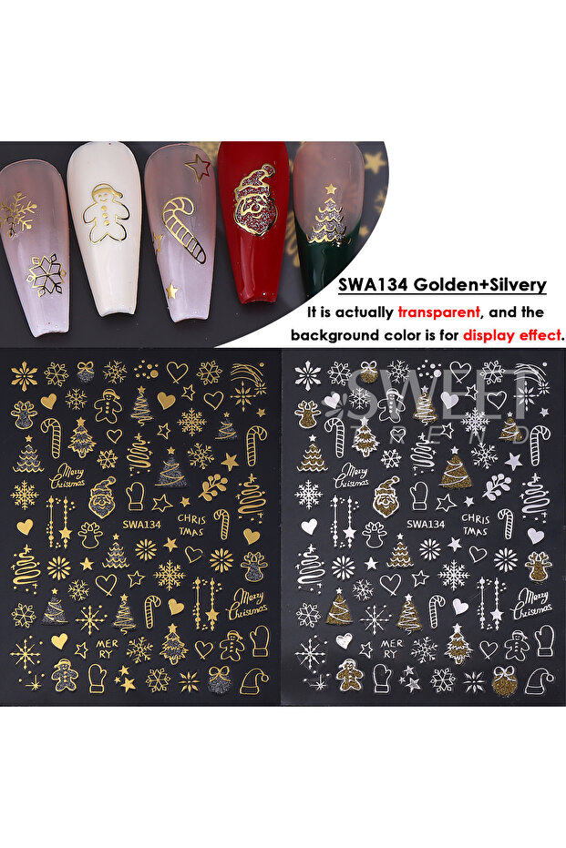 SWA134 Gold Silver 2pcs Gold Silver Christmas 3D Nail Stickers Reflective Glitter Xmas Tree Gingerbr