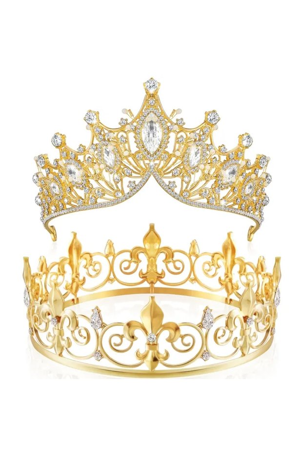 2 crowns 2 pieces of Baroque queen crowns for men and women, zinc alloy prince queen gemstone hair w