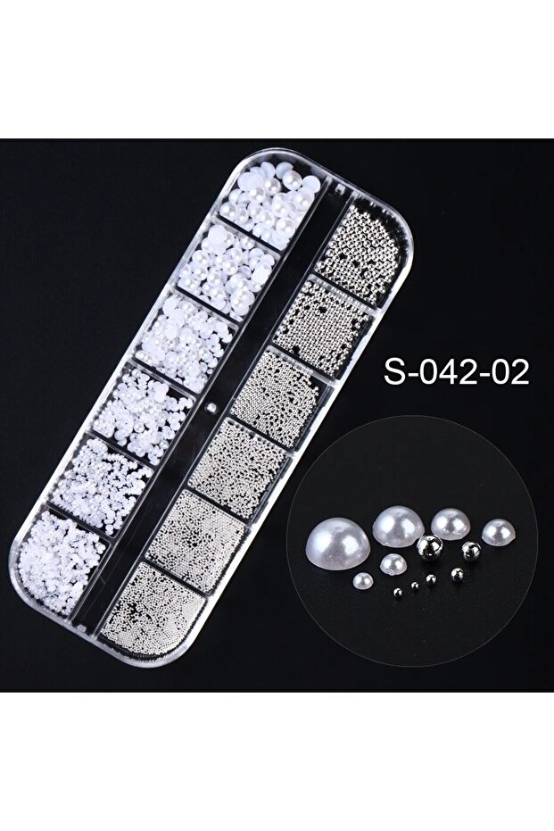 S-042-02 12 Grids White Pearls Nail Charms Caviar Beads Decorations Half Pearls Nail Jewelry Parts D