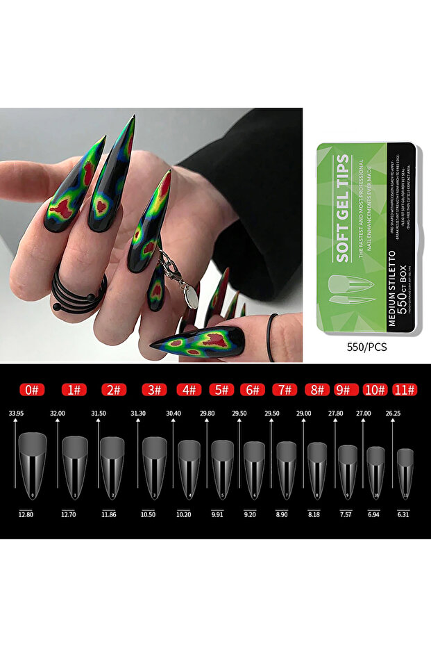 MEDIUM STILETTO 550pcs Coffin Almond Soft Gel Nail Tips False Half Cover Press On Acrylic Nails 11Si