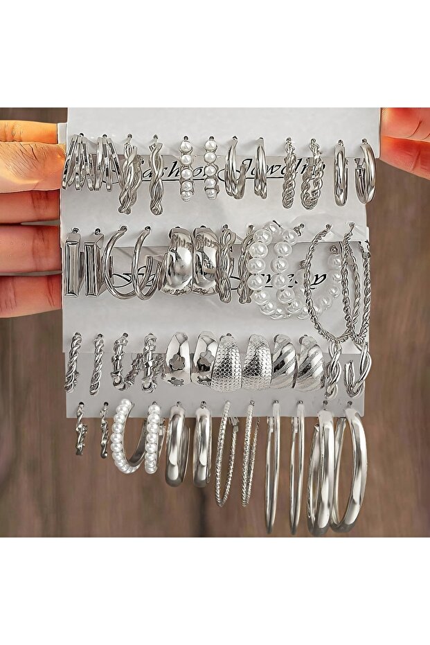 Silvery1-48 قطعة أقراط دائرية هندسية أنيقة بنمط ملتوي متعدد العناصر مرصعة باللؤلؤ الصناعي C