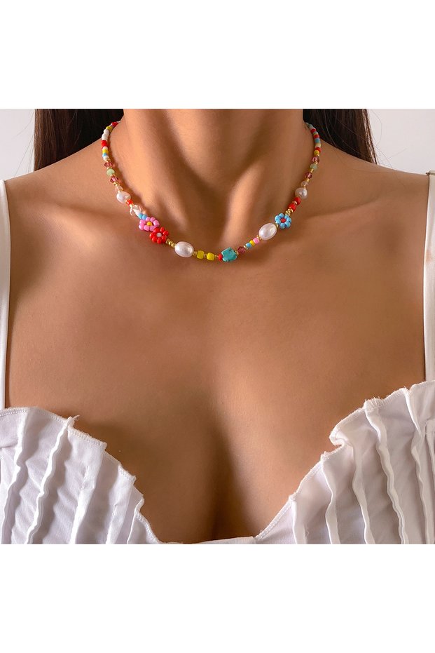 Colorful Cute Sweet Colorful Rice Beads Chokers Necklace for Women Boho Romantic Flower Imitation Pe