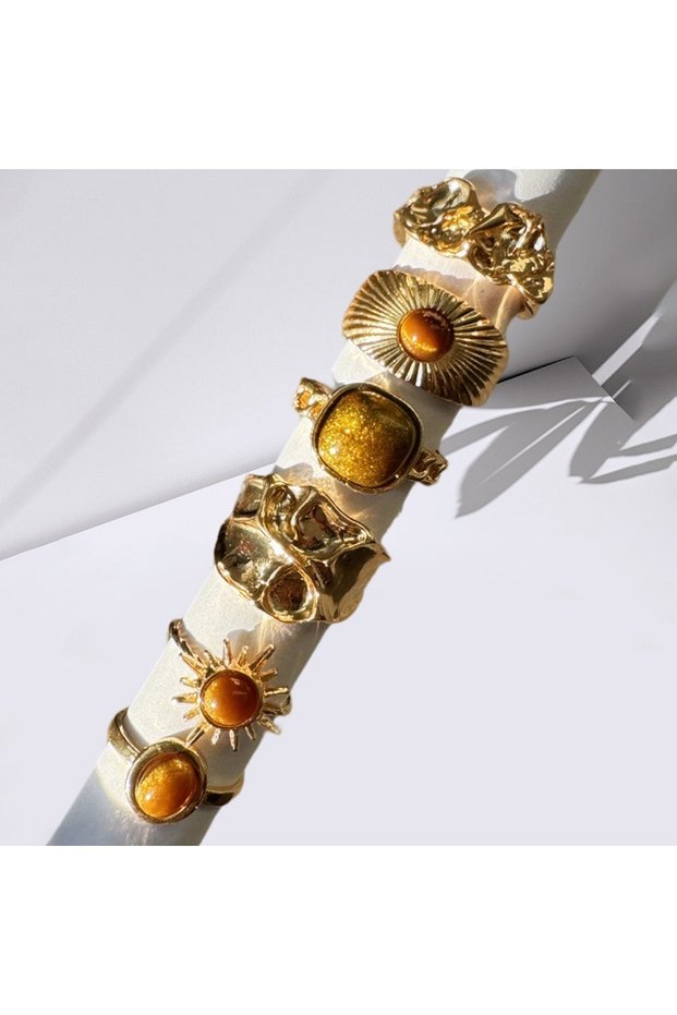AYABrown 6pcs Sunflower Tiger Eye Stone Ring Set for Women Vintage Irregular Gold Color Aesthetic Op