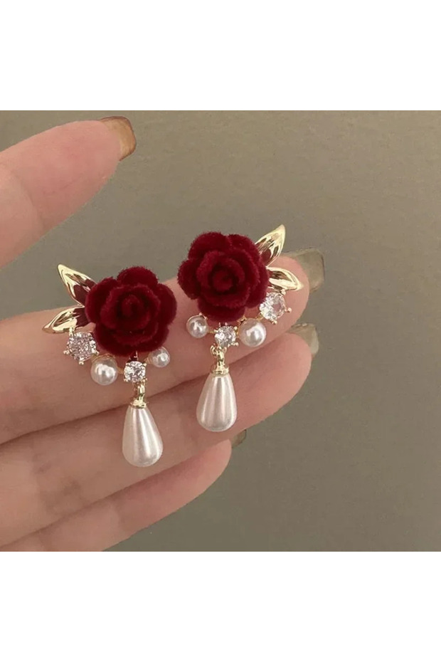WB6266-1 Wine Red Imitation Velvet Rose Pearl Earrings for Women Vintage Red Rose Elegant High-end S