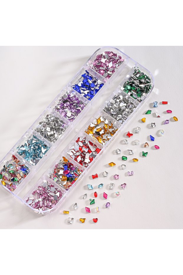 PH209-2 12Grids 3D Colorful Mini Resin Nail Art Rhinestones Mixed Star/Butterfly/Love Diamonds Nail